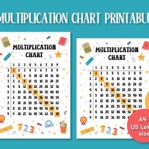 Tabla de multiplicación imprimible en PDF / Tabla de matemáticas para niños / Hoja de trabajo de multiplicación del cuadrado pitagórico (letra estadounidense, tamaño A4) para estudiantes escolares (JPG)
