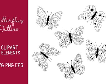 Schmetterlinge PNG Clipart SVG Umriss Schmetterling mit floralem, botanischem, abstraktem, kreativem Ornament auf Flügeln | Niedliche Doodle Line Art Insekt