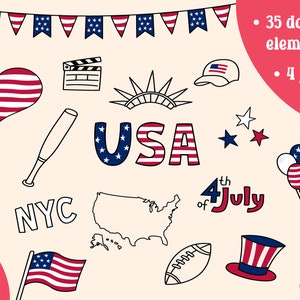 USA Clipart | Independence Day PNG Doodle Elements | July 4 Cards | American Clip Art Bundle | United States Symbols Drawings Flag Balloons