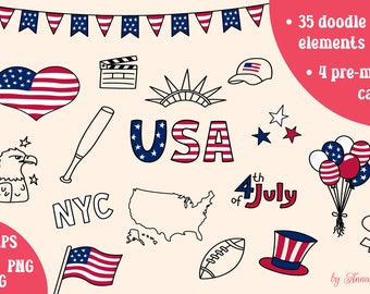 USA Clipart | Tag der Unabhängigkeit PNG Doodle-Elemente | Juli 4 Karten | Amerikanische Clip Art Sammlung | USA Symbole Zeichnungen Flagge Luftballons