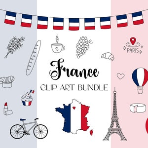 Frankreich Clip Art Bundle PNG Französische Clipart Doodle Elemente | Nationale Symbole Zeichnungen | Eiffelturm, Fahnen, Lebensmittel, Frankreich-Karte, Lavendel
