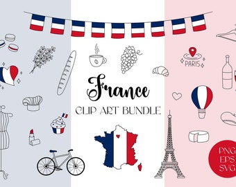 France Clip Art PNG French Clipart Doodle Elements Bundle | National Symbols Drawings | Eiffel Tower, Flags, Food, France Map, Lavender