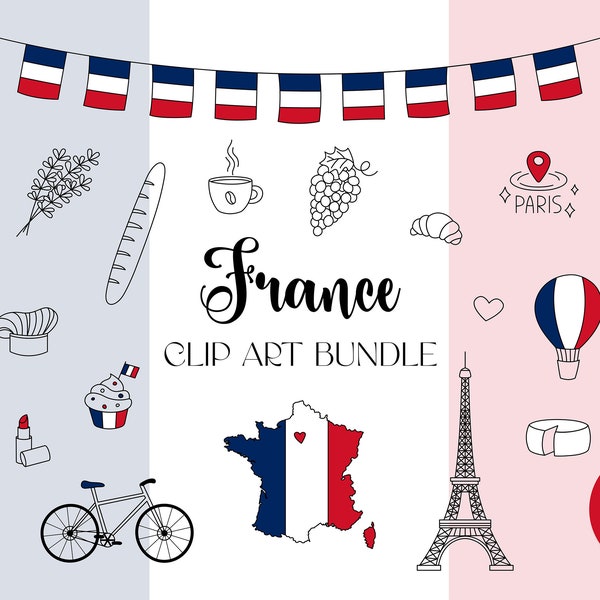 France Clip Art Bundle | PNG Doodle Clipart Elements | French Clip Art Bundle | National Symbols Drawings | Eiffel Tower Flags Food