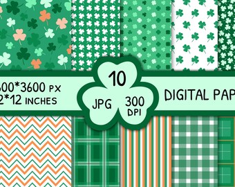 St Patrick's Day Digital Paper | Shamrocks Patterns Bundle for Scrapbooking, Craft, Digital Designs | Geometric Checkered and Striped Paper