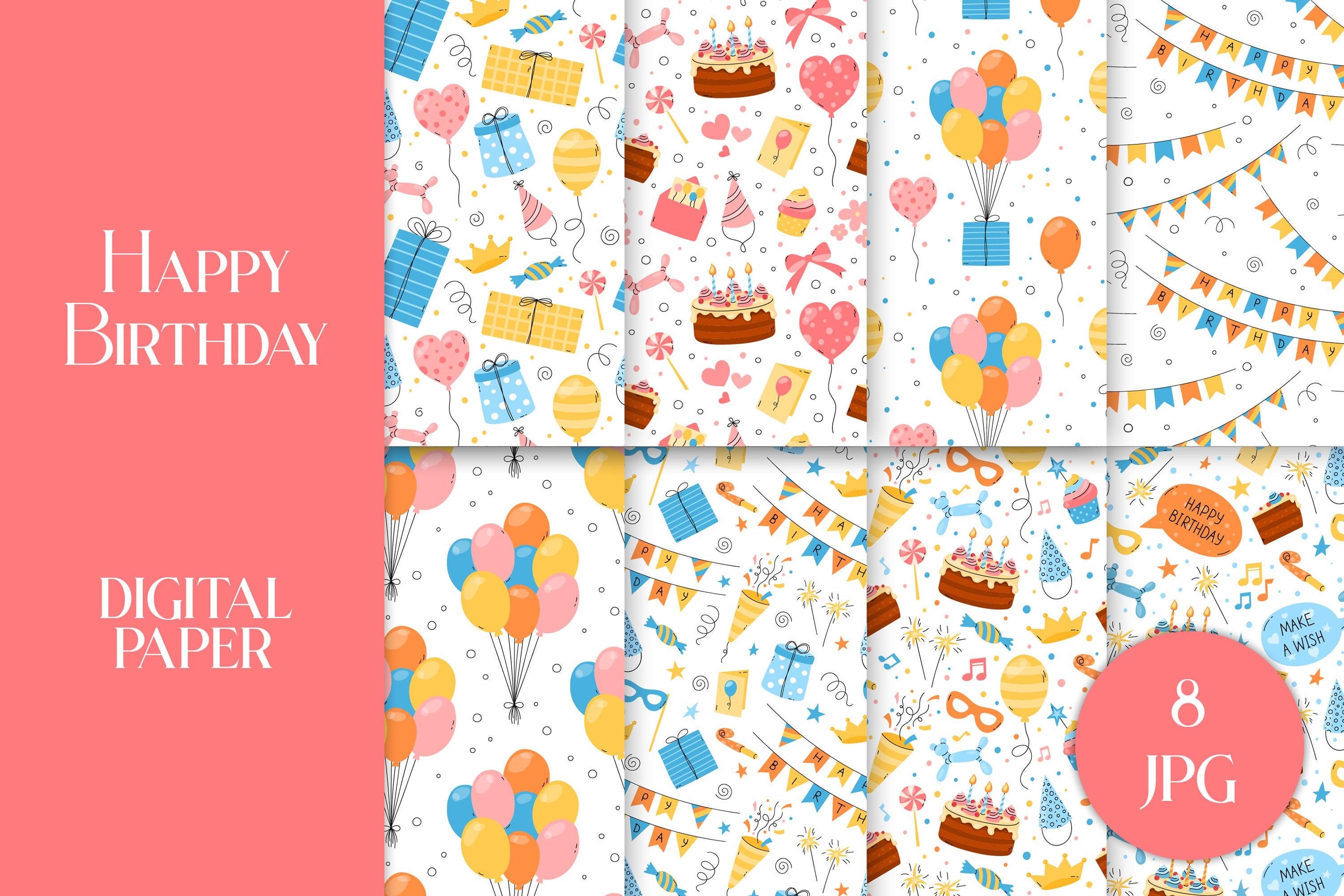 Happy Birthday Digital Paper JPG Cute Bday Patterns Pack | Scrapbooking Paper Collection | Birthday Party Backgrounds for Girls and Boys