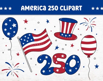 USA 250 Clipart PNG SVG | 4 Juli Unabhängigkeitstag Clip Art Bundle | Amerikanische Flagge, Uncle Sam Hut, Feuerwerk | USA Illustrationen