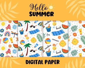 Hallo Sommer Digitales Papier | Urlaub, Strand, Sommer Muster JPG Bundle | Scrapbooking Papier | Nette tropische nahtlose Hintergründe