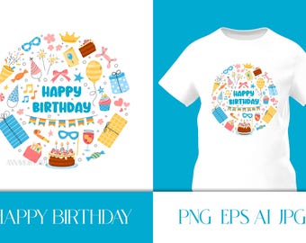 Alles Gute zum Geburtstag PNG Sublimation | BDay Round Design für Grußkarten, Poster, Tassen, T-Shirts | Niedliches Geburtstags-Druck | Party-Elemente