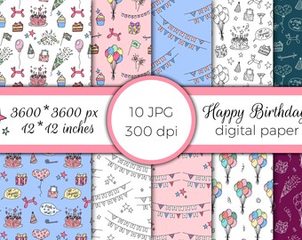 Papier numérique Joyeux anniversaire | Collection de motifs de griffonnage Bday JPG pour le scrapbooking et les designs