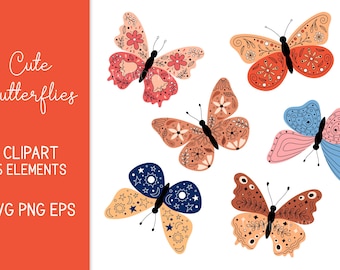 Bunte Schmetterlinge PNG Clipart SVG Schmetterling mit floralen, botanischen, abstrakten, kreativen Ornament auf Flügeln | Niedliche Motte Clip Art EPS