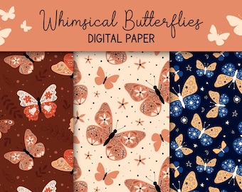 Wunderliche Schmetterlinge Digitales Papier | Boho Motten Muster JPG Bundle | Scrapbooking Papier | Abstrakte, florale, botanische nahtlose Hintergründe