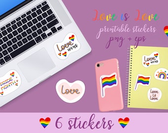 Pride Month Sticker Set | LGBTQ Clipart Illustrations & Sayings  | Love is Love Printable Designs | LGBT Flag, Rainbow