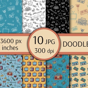 90er Jahre Digitales Papier | Zurück zu 1990er Jahre Muster | JPG Retro Nostalgie-Doodles | Kollektion für Scrapbooking und Designs