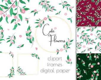 Niedliche Blumen PNG Blumenrahmen Muster | Clipart Florale Elemente Digitales Papier JPG | Botanische EPS Vektor Illustrationen Sammlung