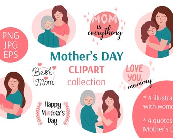 Fête des Mères Clipart PNG | Meilleure phrase pour maman | Je t'aime maman | Mère et fille | Illustrations vectorielles EPS