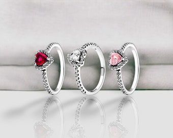 Lindo anillo de corazón de rubí Pandora de plata de ley 925 de verano, adecuado para collar de momento Pandora, anillo nupcial, regalo para ella, turmalina de zafiro