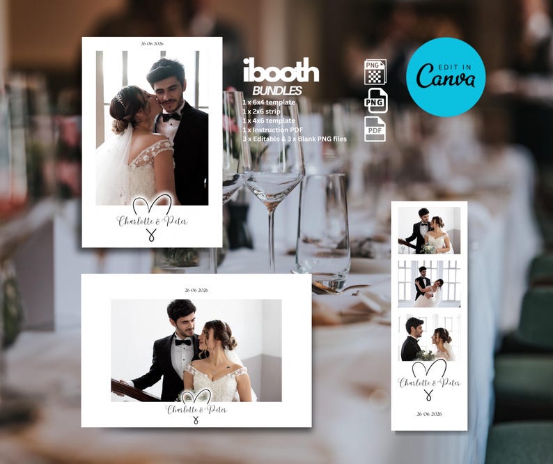K&ouml;nnte beinhalten: Ein Hochzeits-Fotobox-Vorlagenpaket mit Fotos eines Paares. Die Vorlagen umfassen eine 6x4-Vorlage, einen 2x6-Streifen und eine 4x6-Vorlage. Der Text enth&auml;lt "Charlotte & Peter" und das Datum "26-06-2020". Bearbeitbar in Canva.