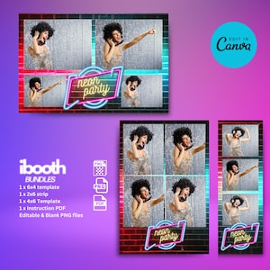 Photo Booth Template, 6x4, 6x2, 4x6, Neon Glow Party Disco Theme, Birthday, edit in Canva, suits LumaBooth, DSLR Booth and more