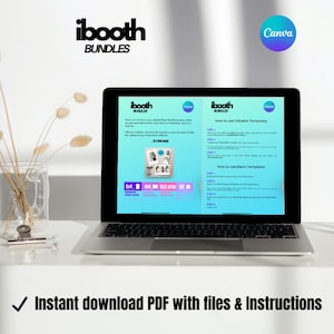 K&ouml;nnte beinhalten: Ein Laptop zeigt eine Fotokabinen-Vorlage mit dem Text "ibooth BUNDLES" und "Canva". Der Bildschirm zeigt Anweisungen und Fotobeispiele. Der Text "Instant download PDF with files & Instructions" befindet sich unten.
