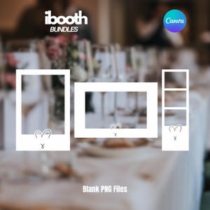 K&ouml;nnte beinhalten: Wei&szlig;e Fotokabinen-Rahmenvorlagen mit einem Herz und dem Text "Blank PNG Files". Die Rahmen sind in verschiedenen Gr&ouml;&szlig;en und Formen erh&auml;ltlich, darunter ein klassischer Polaroid-Stil und ein Mehrfach-Panel-Streifen. Das iBooth Bundles-Logo befindet sich oben.