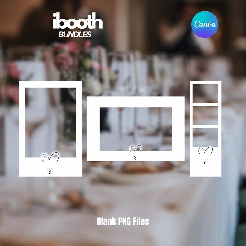 K&ouml;nnte beinhalten: Wei&szlig;e Fotokabinen-Rahmenvorlagen mit einem Herz und dem Text "Blank PNG Files". Die Rahmen sind in verschiedenen Gr&ouml;&szlig;en und Formen erh&auml;ltlich, darunter ein klassischer Polaroid-Stil und ein Mehrfach-Panel-Streifen. Das iBooth Bundles-Logo befindet sich oben.