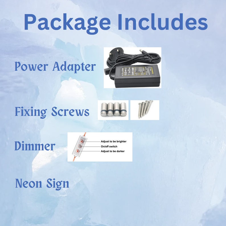 Pode incluir: Imagem mostrando os componentes inclu&iacute;dos em um pacote de letreiro de n&eacute;on. Inclui um adaptador de energia, parafusos de fixa&ccedil;&atilde;o, um dimmer com controles de brilho e o texto "Package Includes".