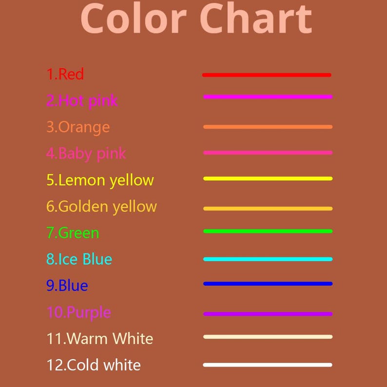 Pode incluir: Um gr&aacute;fico de cores com o t&iacute;tulo "Color Chart" em um fundo marrom. O gr&aacute;fico exibe doze amostras de cores com os nomes: Vermelho, Rosa choque, Laranja, Rosa beb&ecirc;, Amarelo lim&atilde;o, Amarelo dourado, Verde, Azul gelo, Azul, Roxo, Branco quente e Branco frio.