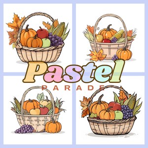 Pacchetto di clipart di cestini di zucca, 4 PNG PDF, cestino autunnale per il Ringraziamento, cestino del raccolto, design di merchandising autunnale, uso personale e commerciale