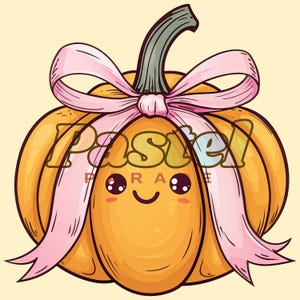 Pumpkin with Pink Ribbon, Autumn Clipart, Fall PNG, Personal & Commercial Use, Sublimation Design, Transparent Background, Cartoon Style