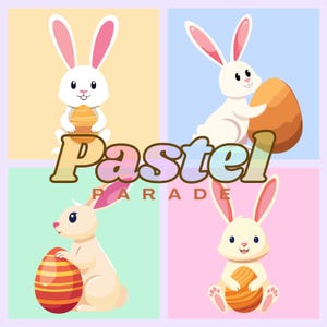 Easter Bunny Clipart, Bundle of 4 PNG, Spring Stationery Craft, Cute Rabbit Decor, POD Merch Design, Transparent, Personal & Commercial Use