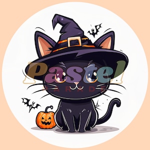 Halloween Witch Cat PNG, Black Cartoon Cat, Pet Illustration Clipart, Cute Merch Design, Fall Pumpkin Decor, Personal & Commercial Use