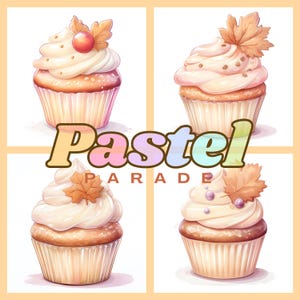 Bundel herfstcupcake Cliparts, 4 png-pdf, herfstdesserts voor Thanksgiving, kersentaart, herfstmerchandiseontwerp, persoonlijk en commercieel gebruik