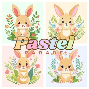 Spring Bunny Clipart, Bundle of 4 PNGs, Spring Stationery Craft, Cute Rabbit Decor, POD Merch Design, Transparent, Personal & Commercial Use
