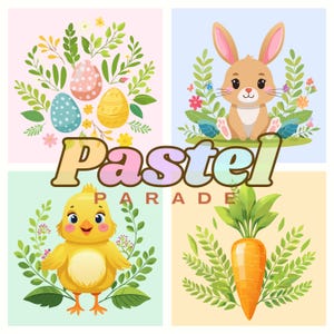 Easter Clipart, Bundle of 4 PNG, Spring Stationery Crafts, Bunny Eggs Chick Carrot, POD Merch Design, Transparent, Personal & Commercial Use