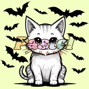 Halloween Cat With Bats PNG, Black Cartoon Cat, Pet Illustration Clipart, Cute Merch Design, Autumn Decors, Personal and Commercial Use