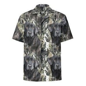 May include: A white button-down shirt with a black Labrador Retriever print. The shirt has short sleeves and a collar.