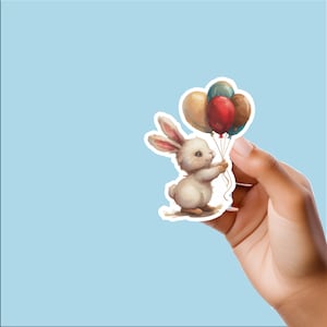 Pegatina de conejito con globos, resistente al agua, regalos divertidos, botella de agua, portátil, divertido, teléfono, cumpleaños