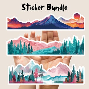 Stickerbundel berg, roze en groenblauw, grillig, zonsondergang met berg, waterflessticker, waterdicht, laptop, stickerset, kiss-cut