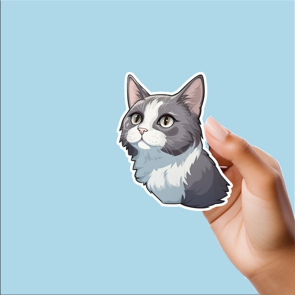 Gray and white short hair cat Sticker, Waterproof - Funny Gifts - Water Bottle - Laptop - Funny - Phone - hard hat - laptop