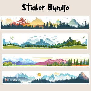 Stickerbundel berg, roze en groenblauw, grillig, zonsondergang met berg, waterflessticker, waterdicht, laptop, stickerset, kiss-cut