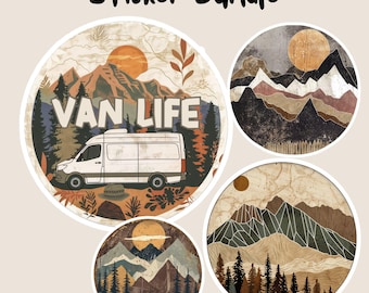 May include: A set of four sticker designs featuring a van with the text "Van Life" and various mountain landscapes in brown, beige, and green tones.