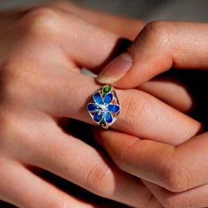 Sterling Silver Enamel Flower Ring ,Adjustable Blue Floral Ring , Handcrafted Artisan Jewelry , Elegant Gift