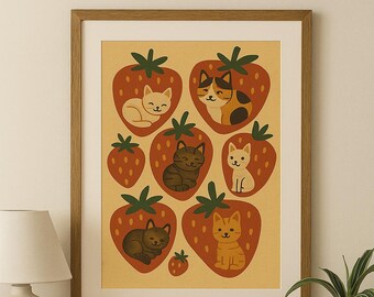 Strawberry Cat Printable Wall Art – Cute Digital Print, Whimsical Nursery Decor, Vintage-Inspired Cat Art, Instant Download