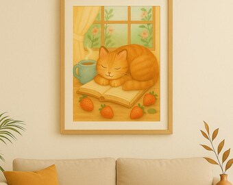 Whimsical Cat Sleeping on Book with Strawberries – Cozy Digital Wall Art Print for Book Lovers, Cat Moms & Cottagecore Decor