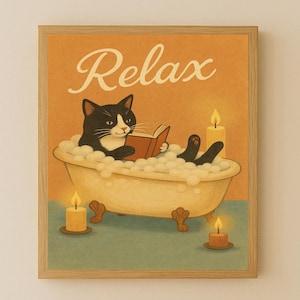 Vintage Bathroom Decor with Tuxedo Cat | Funny Cat Bathroom Sign Printable | Whimsical Cat Wall Art Bathroom for Pet Lovers & Cozy Homes
