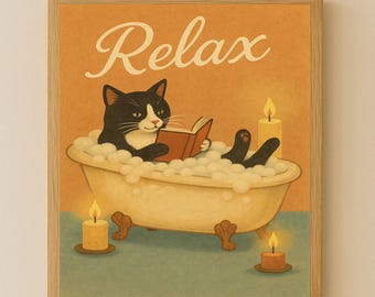 Vintage Bathroom Decor with Tuxedo Cat | Funny Cat Bathroom Sign Printable | Whimsical Cat Wall Art Bathroom for Pet Lovers & Cozy Homes