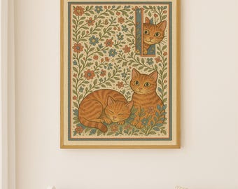 Whimsical Orange Tabby Cat Textile Art - Cozy Cat Tapestry Wall Print | Folk Floral Digital Download for Nursery & Home Decor