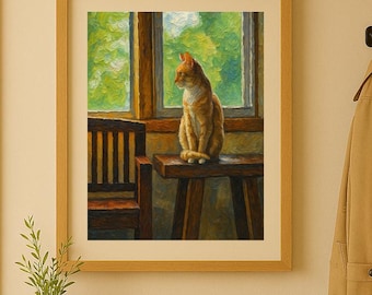 Ginger Tabby Cat Wall Art | Cozy Oil Painting Digital Download | Cottagecore Cat Decor | Rustic Window Cat Printable