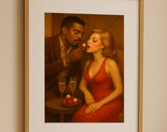 Vintage Couple Feeding Strawberries Print | Romantic Digital Wall Art | Cozy Whimsical Download for Bedroom, Bar or Anniversary Gift