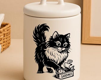 Funny Retro Cat Vinyl Decal – Cute Mischievous Kitty with Sardines – Waterproof Car Sticker for Cat Lovers, Laptops, Tumblers & More